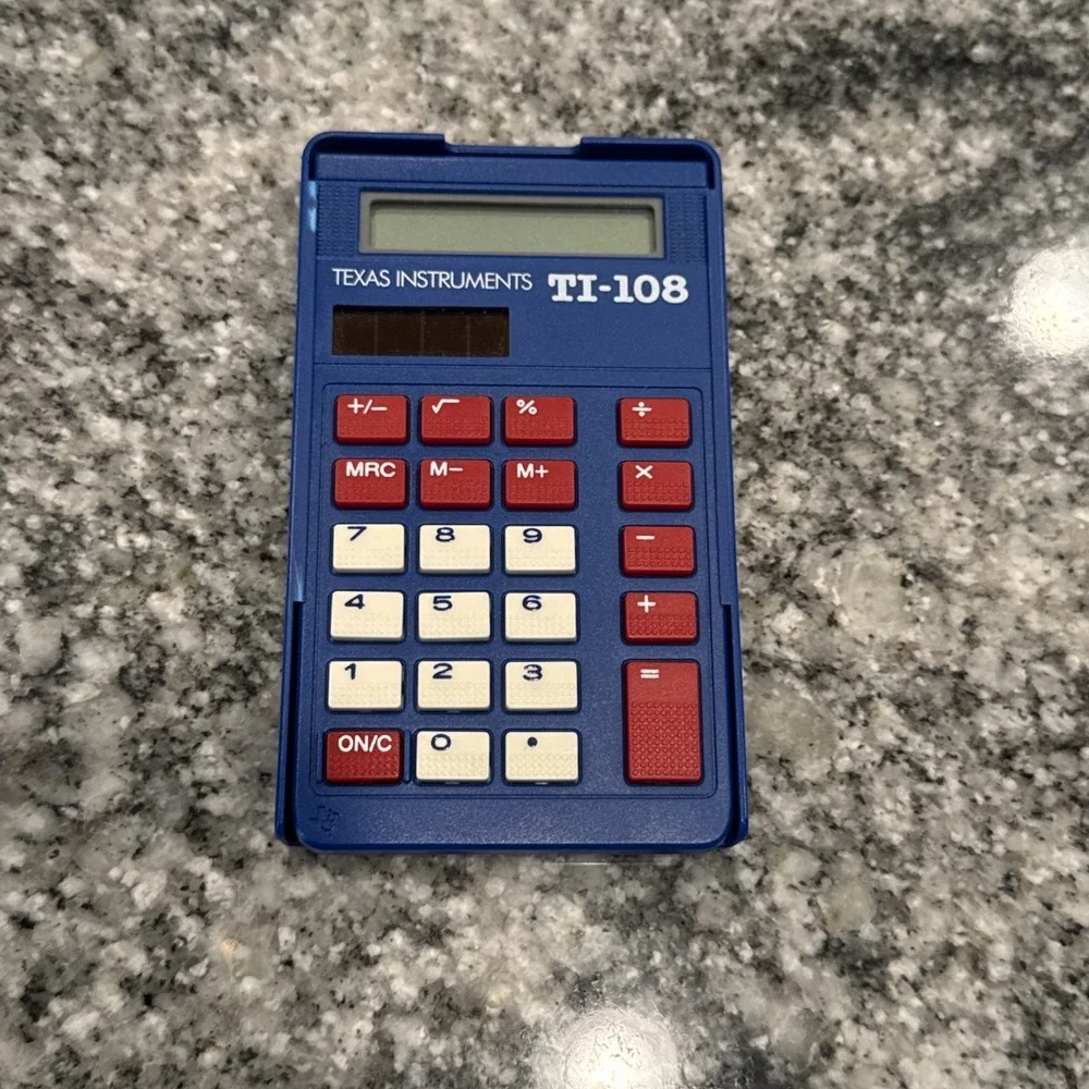 Vintage Texas Instruments TI-108 School Solar Calculator Blue Basic Math w Cover
